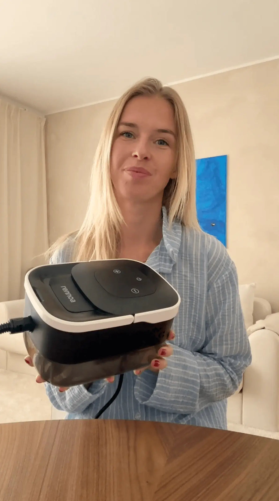 Person holding steam cleaner in hand