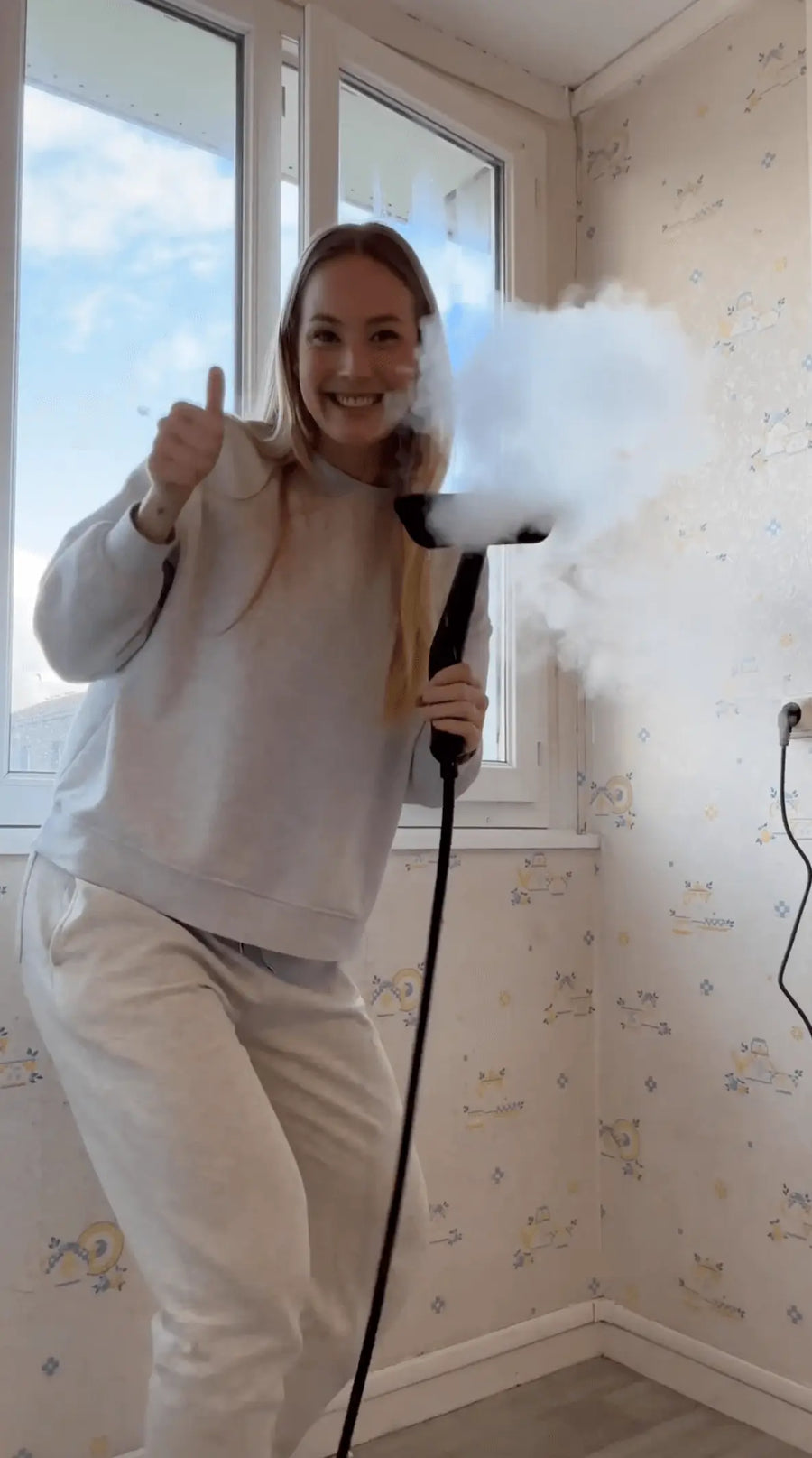 Person holding steam cleaner in hand