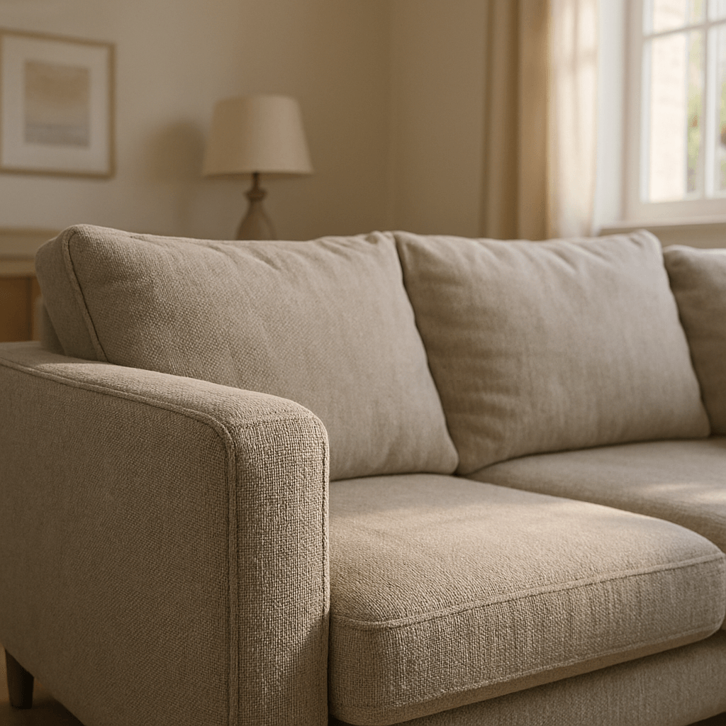Stofsofa i lys stue med tydelig tekstur i betrækket, ideel til skånsom damprensning mod pletter og bakterier.